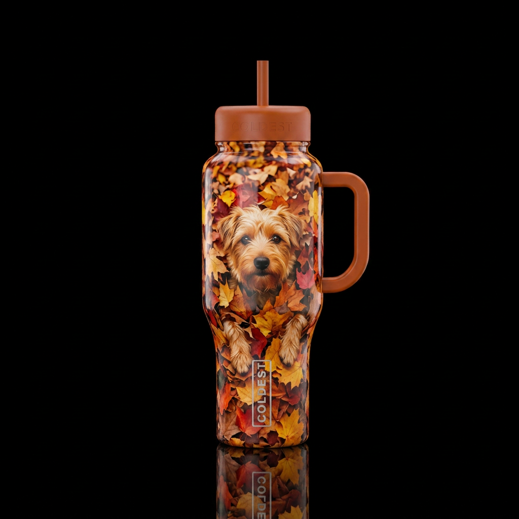 Dog peaking out of a huge pile of leaves water bottle design