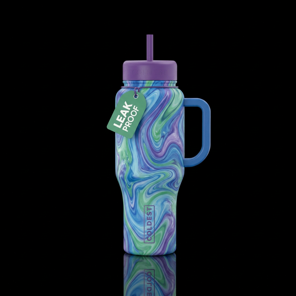 Blue green purple marble swirl water bottle design