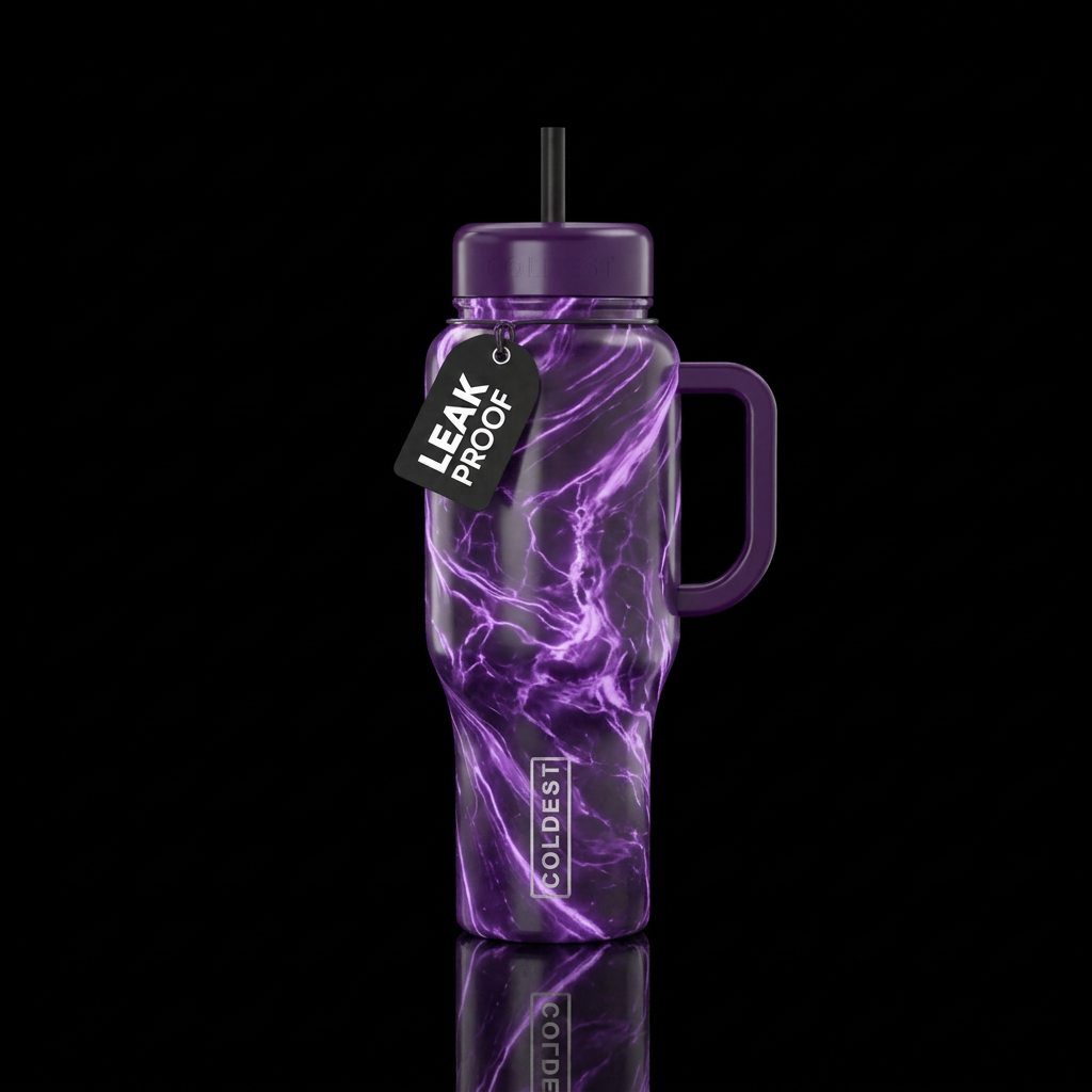 Marbled glowing purple streaks water bottle design
