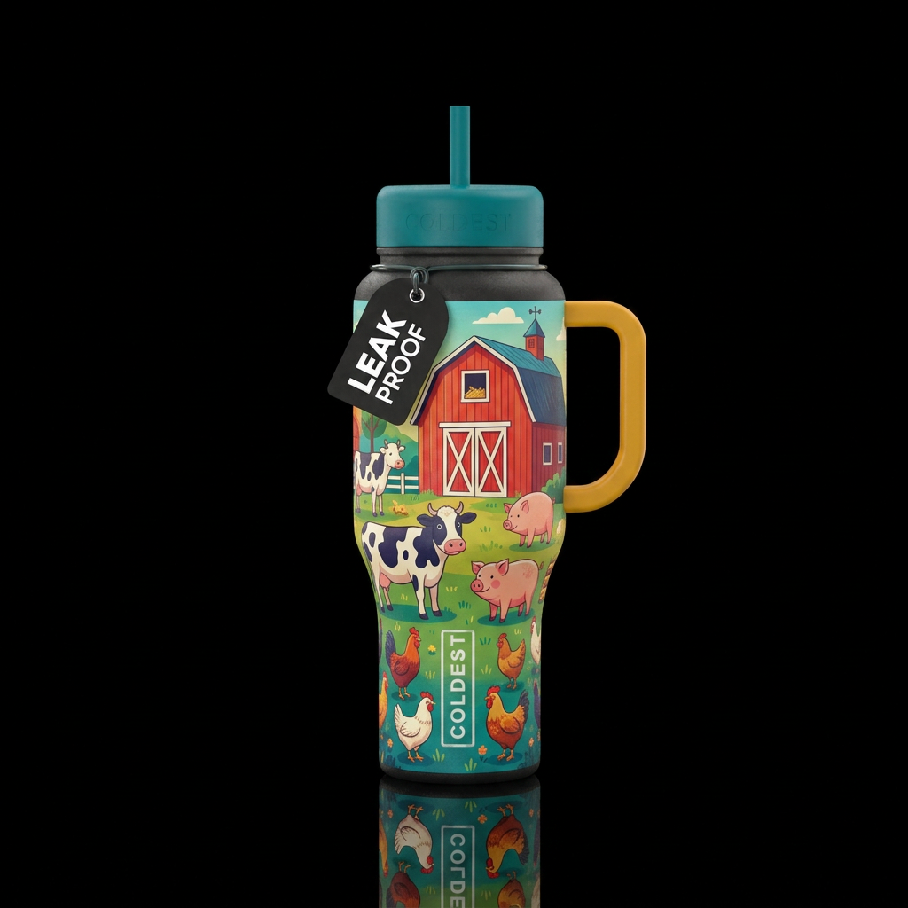 Barn cows pigs chickens water bottle design