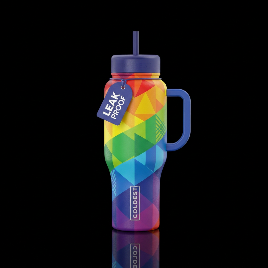 As alternating geometric shapes with rainbow color... water bottle design