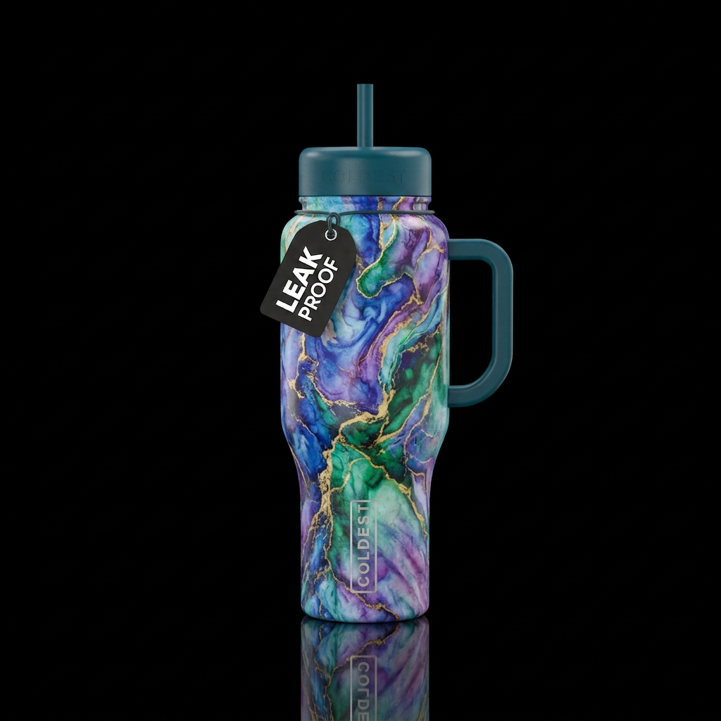 Marble fractals swirling colors water bottle design