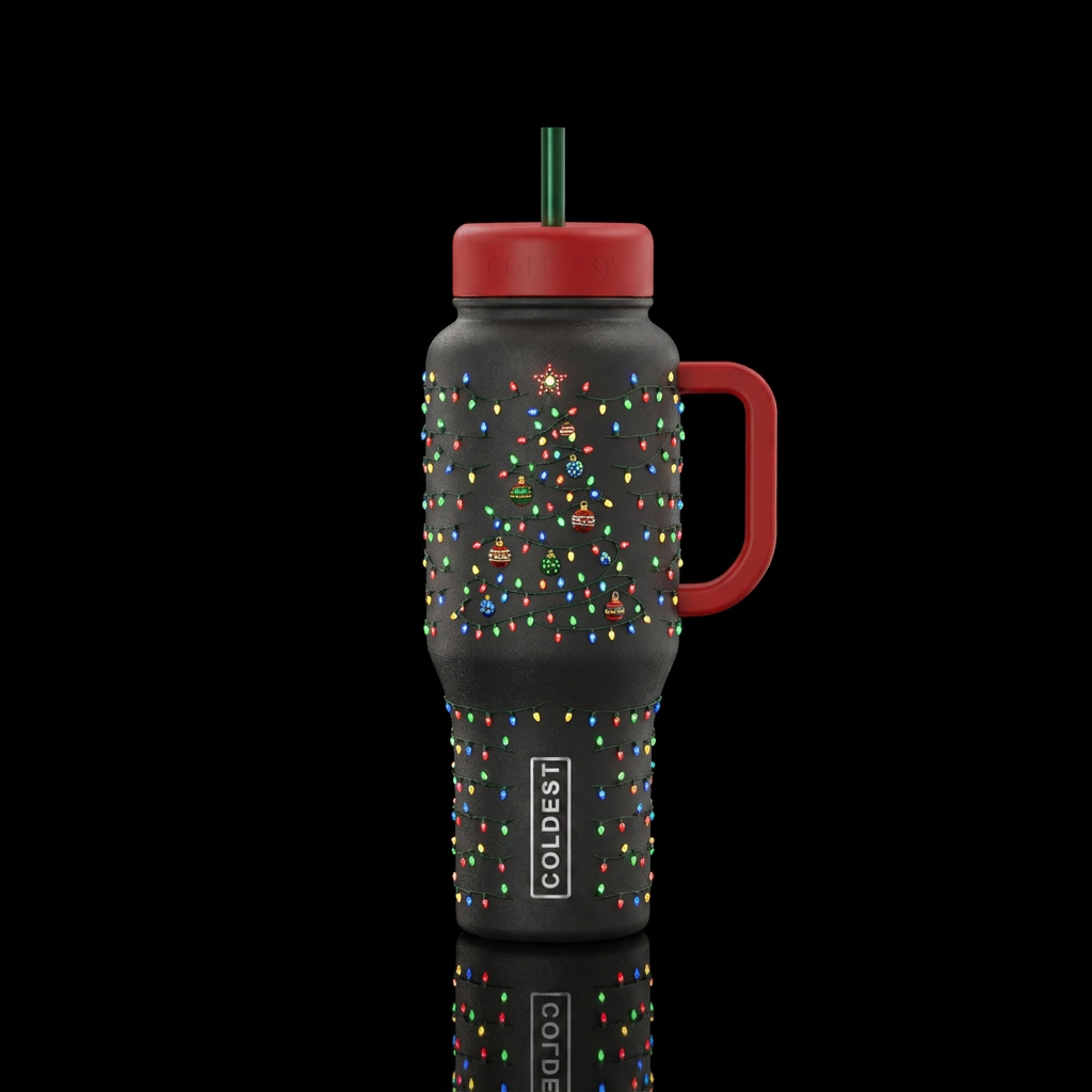 Christmas lights on the shape of a Christmas tree water bottle design