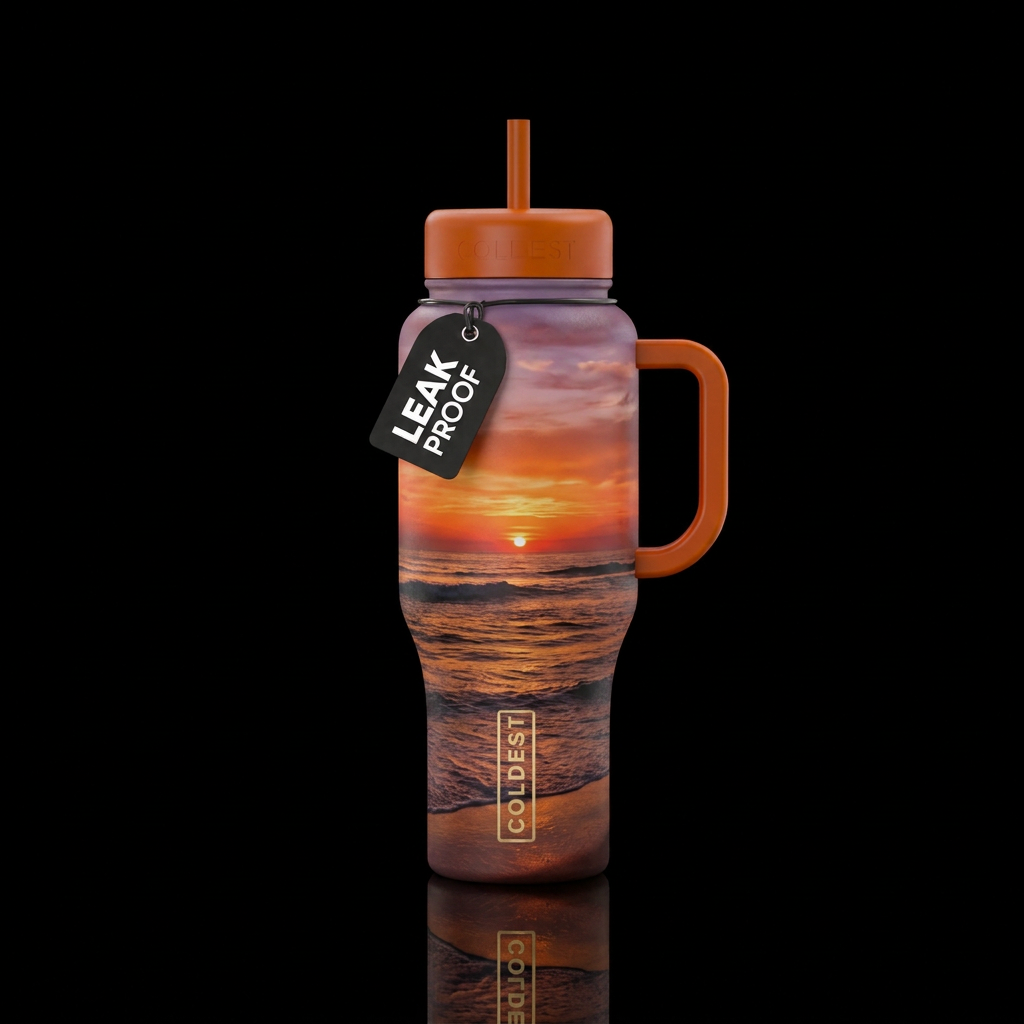 Sunset over the ocean water bottle design