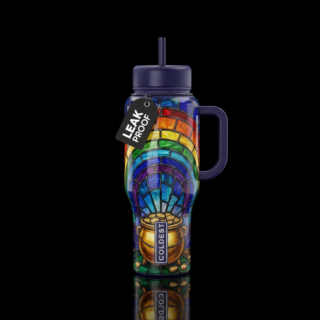 Stained glass rainbow with a pot of gold water bottle design