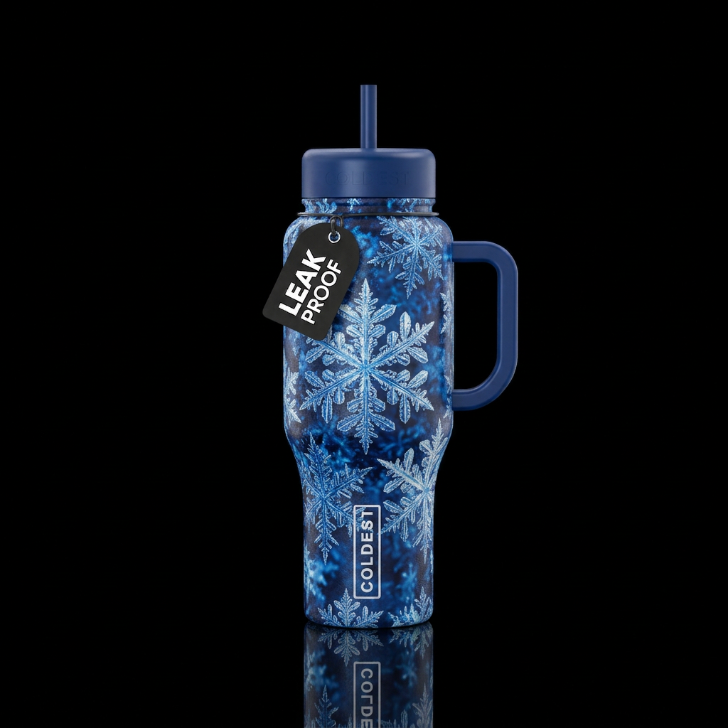 Snowflake fractals blue glistening white water bottle design