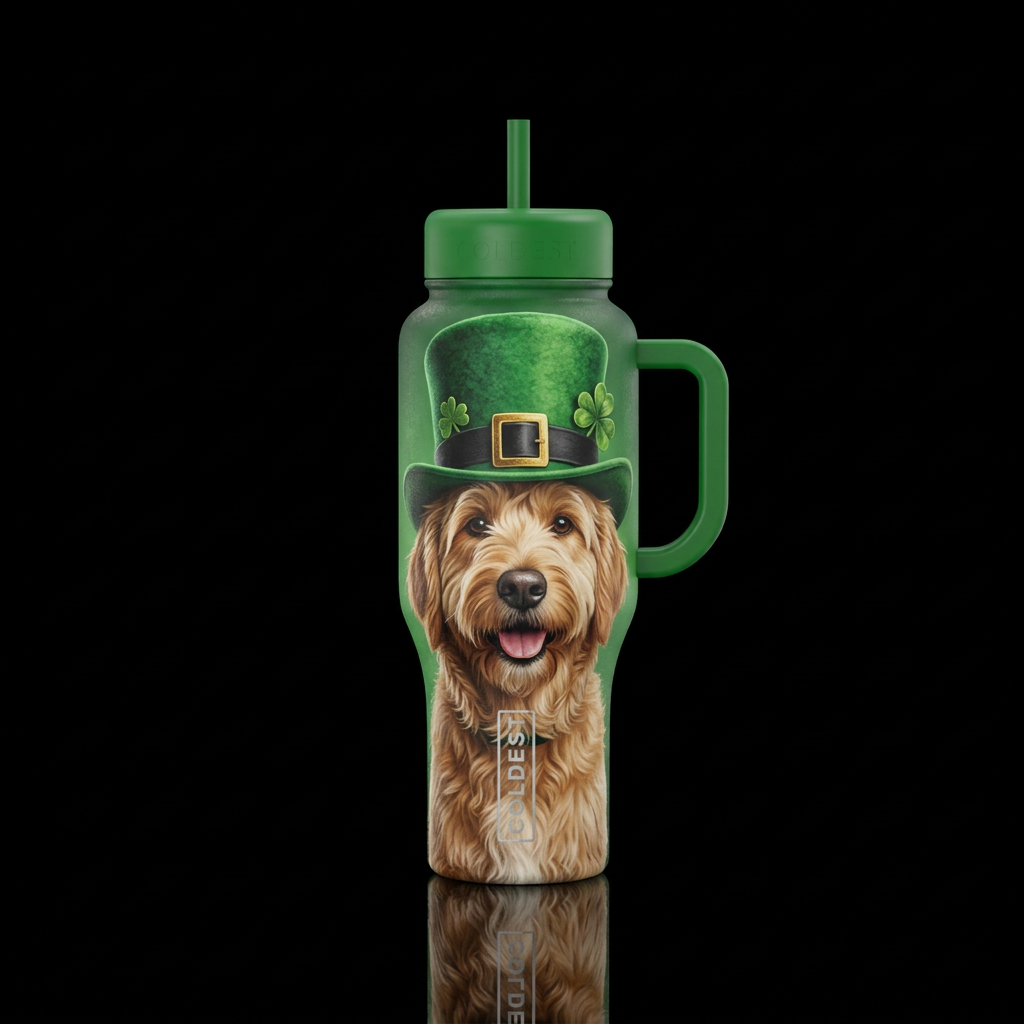 Dog in a leprechaun hat water bottle design