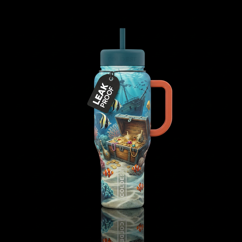Pirate chest with treasure underwater with fish water bottle design