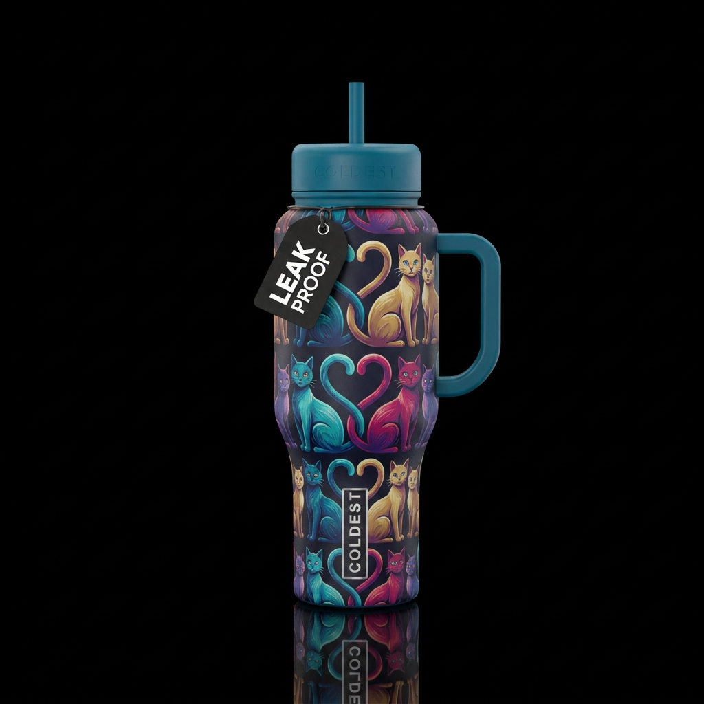 Cats either their tails making a heart water bottle design