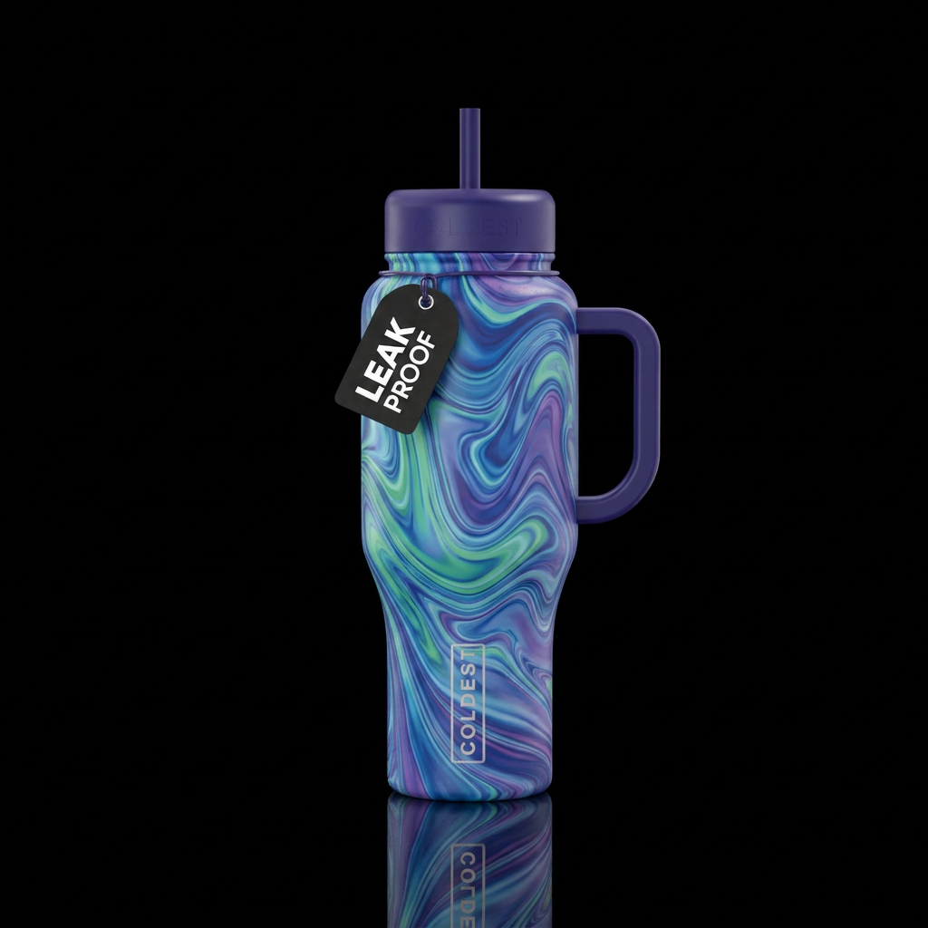 Gradient blues greens purple swirling marble water bottle design