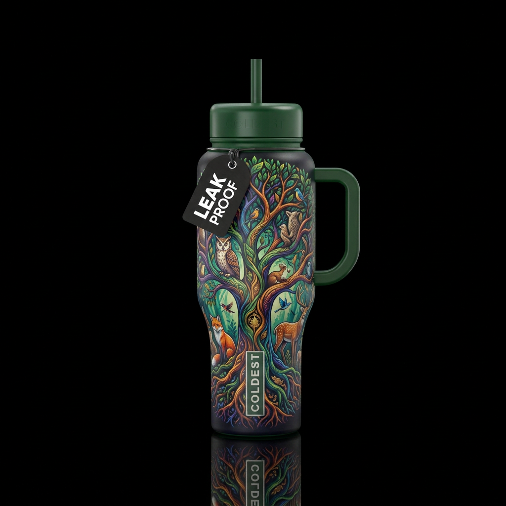 Tree of life animal surrounds water bottle design