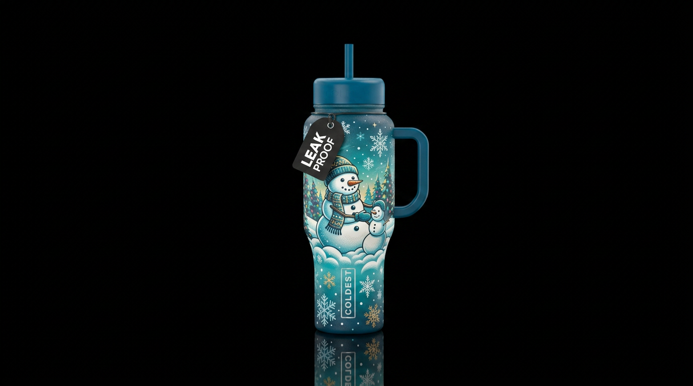 Snowflakes falling on a snowman water bottle design