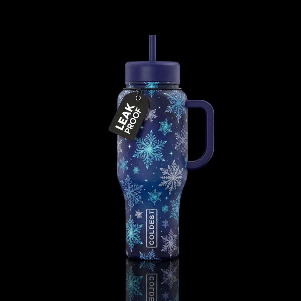 Swirling snowflakes on a peaceful night water bottle design