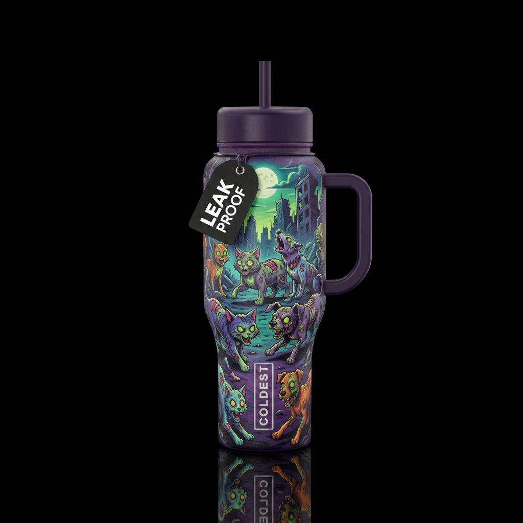 Cats dogs spooky vibes zombie water bottle design