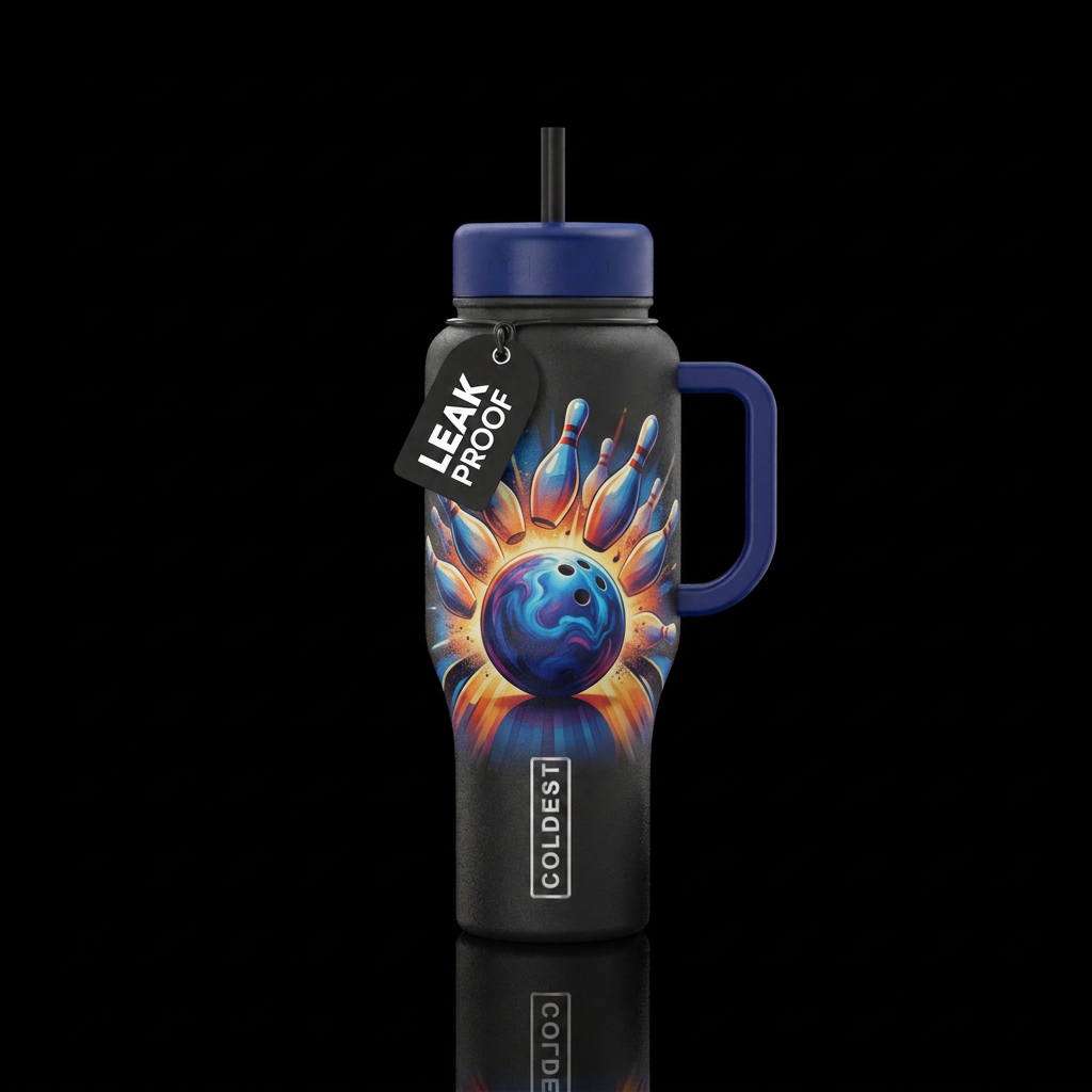 Rolling bowling ball strike water bottle design