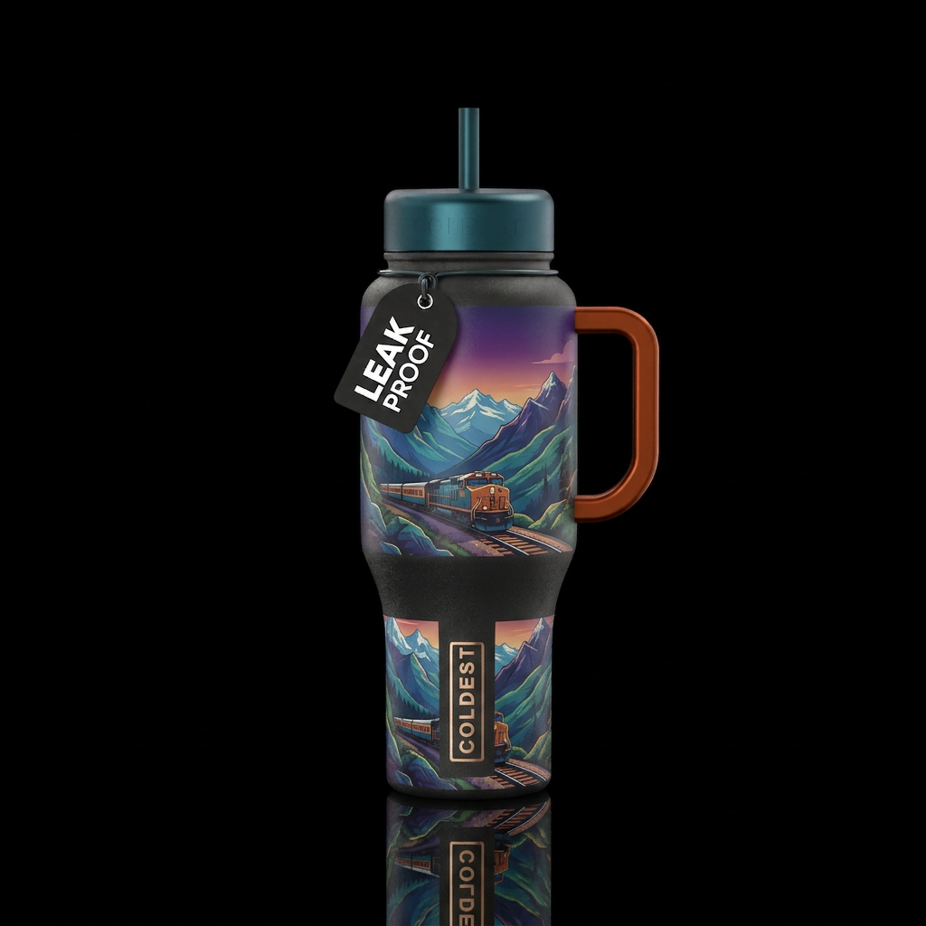 Train on track through the mountains water bottle design