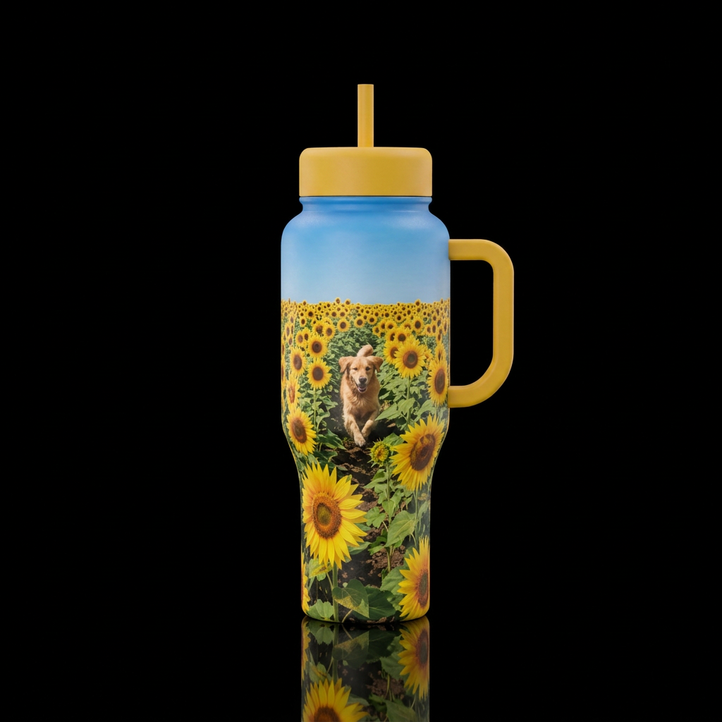 Field of Sunflowers with a dog water bottle design