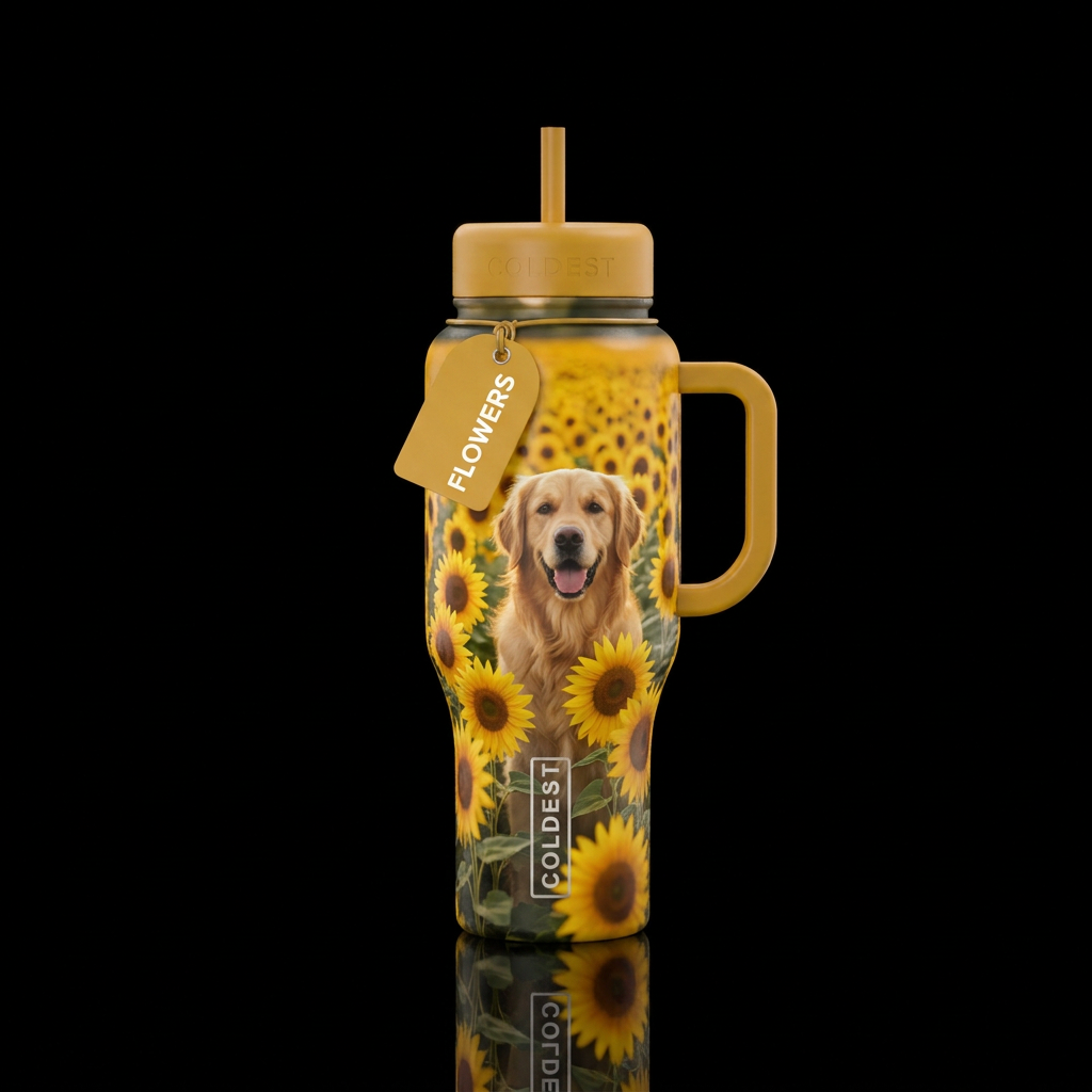 Field of Sunflowers with a dog water bottle design