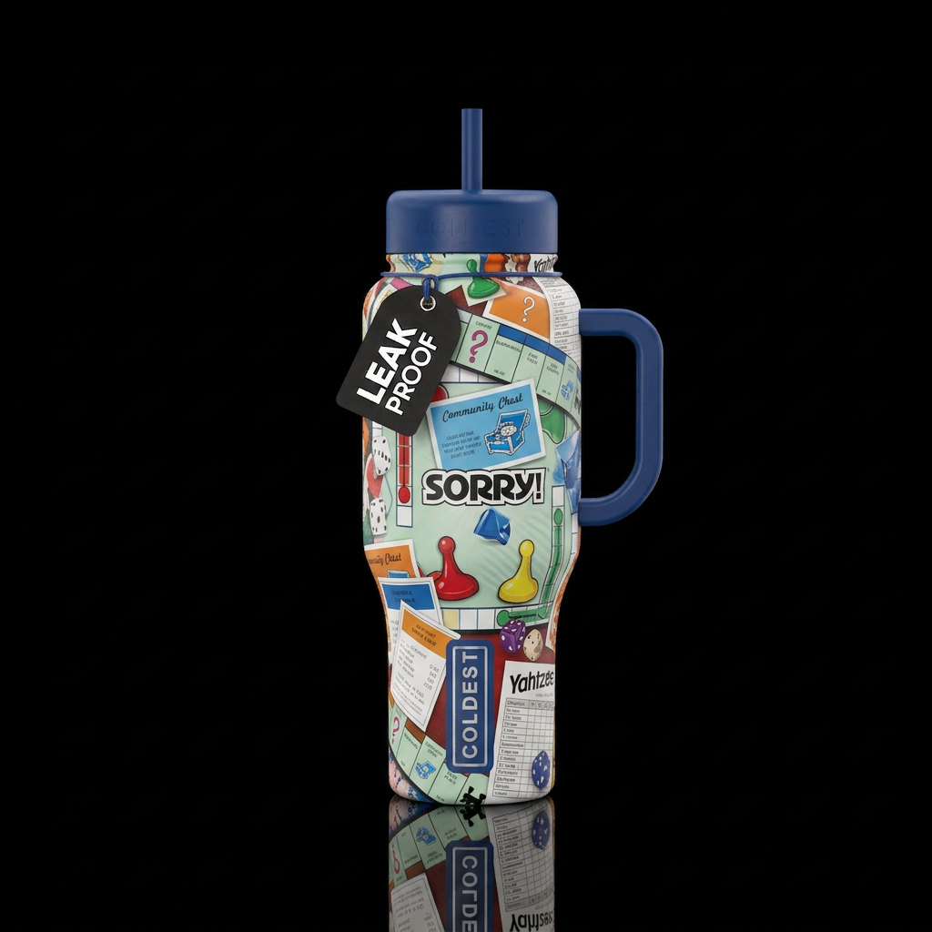 Board games monopoly sorry Yahtzee dice water bottle design