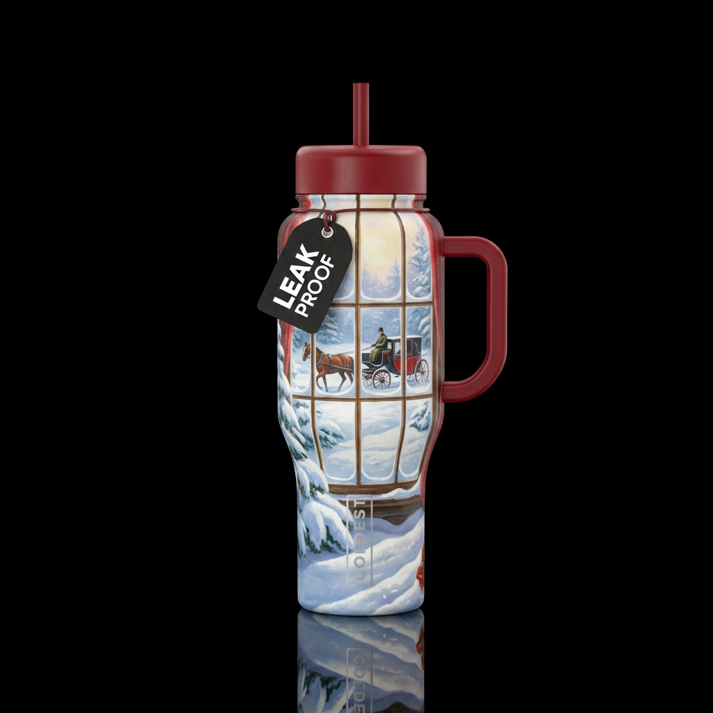 Snowdrifts outside the window with a horse drawn c... water bottle design