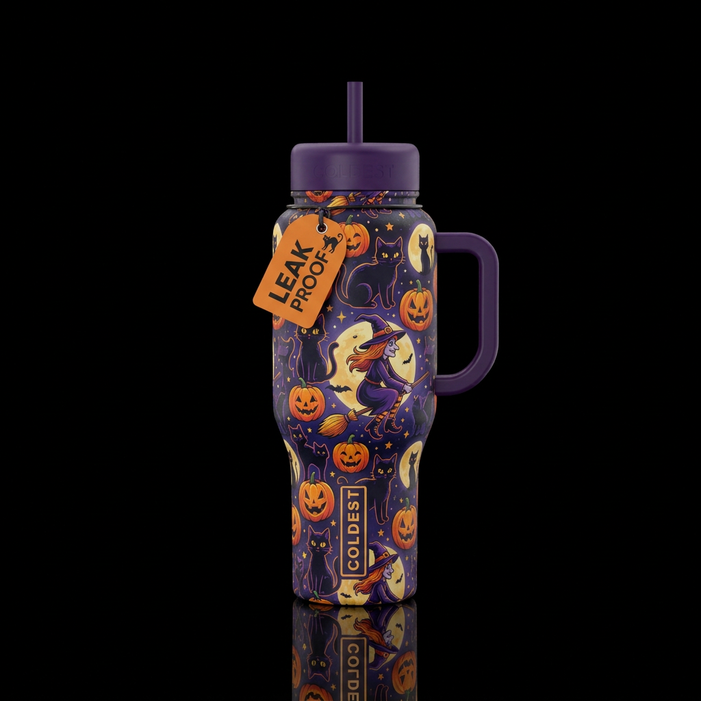 Spooky black cats with pumpkins and witches water bottle design