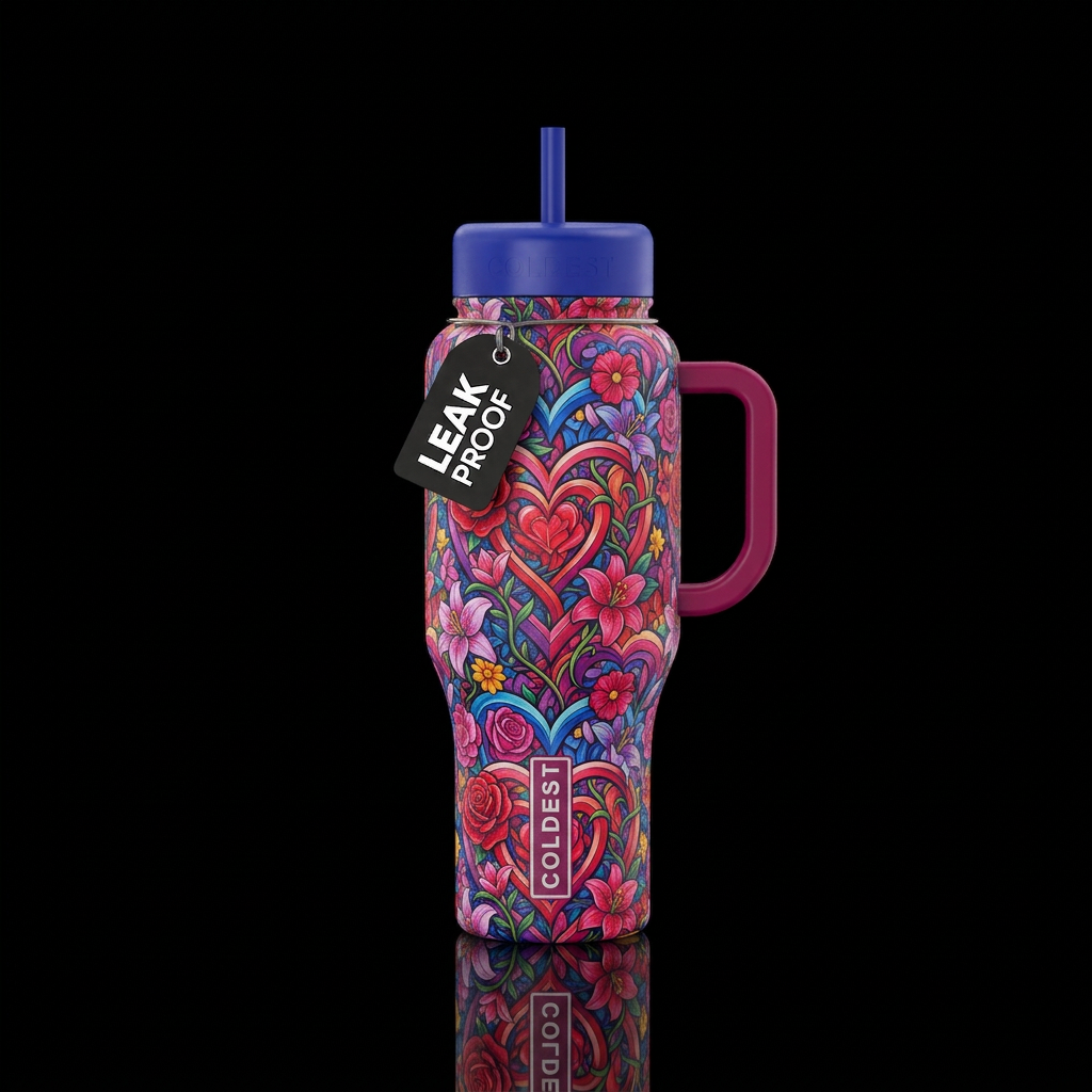 Interlocking hearts and flowers water bottle design