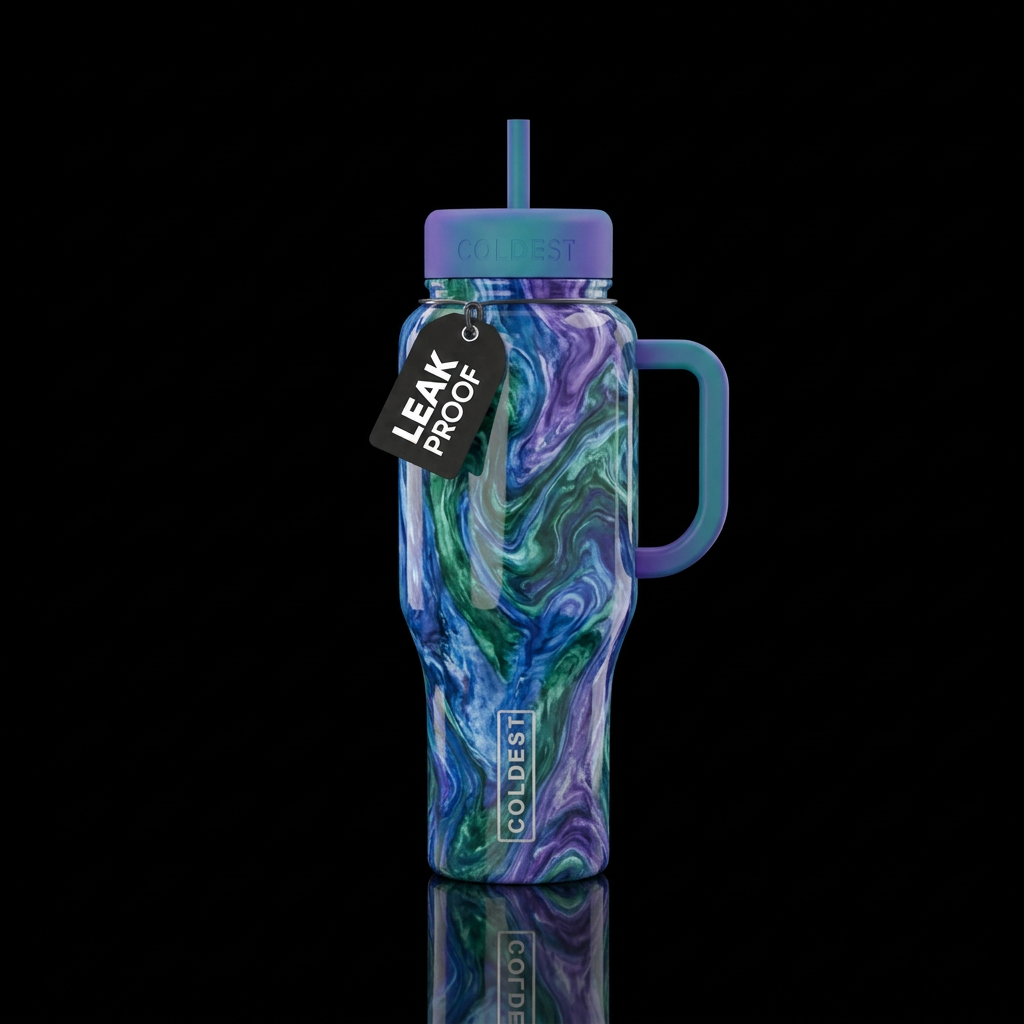 Marbled blue green purple water bottle design