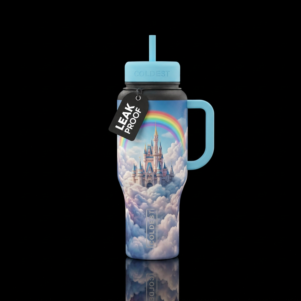 Castle in the clouds with a rainbow water bottle design