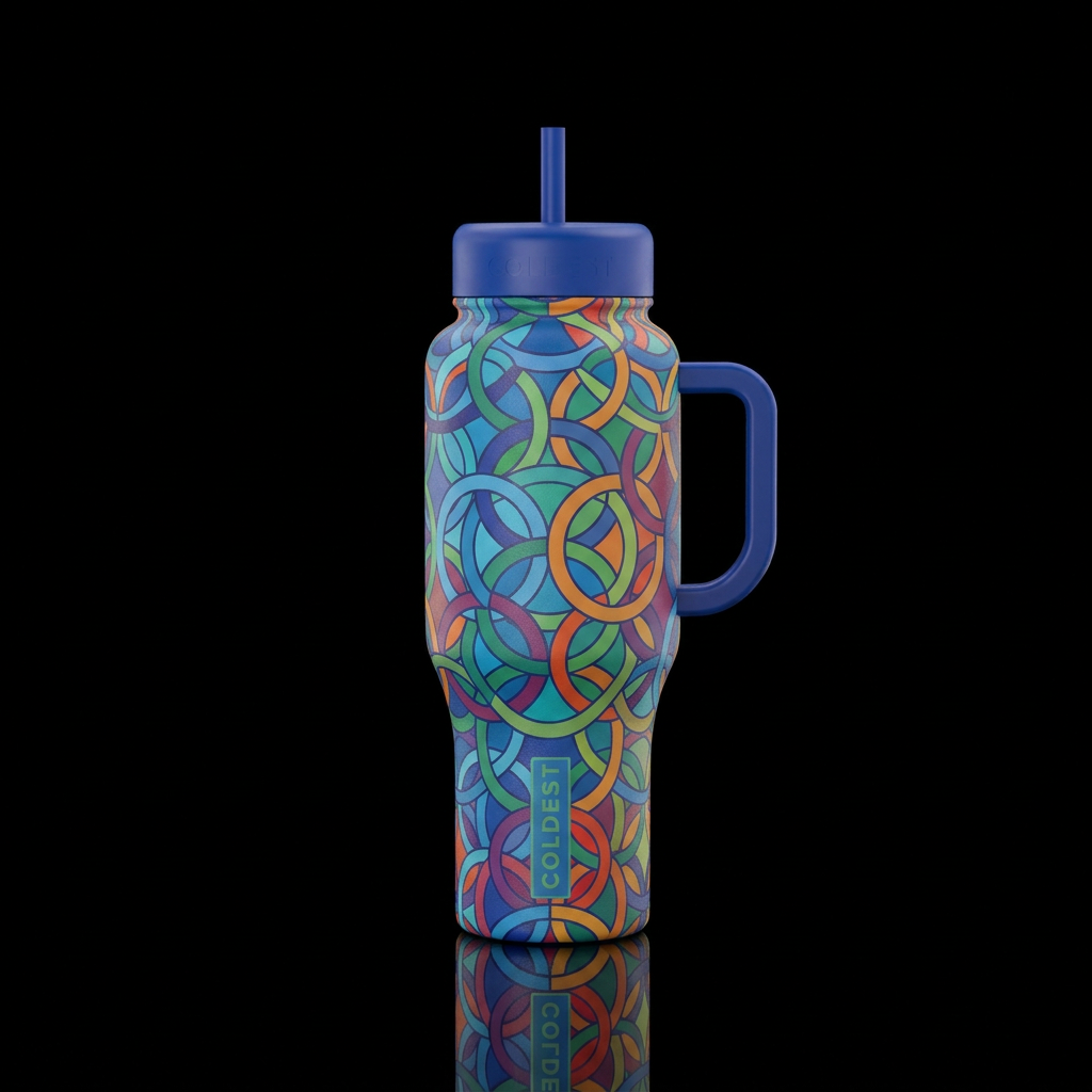 Interlocking circles colorful water bottle design