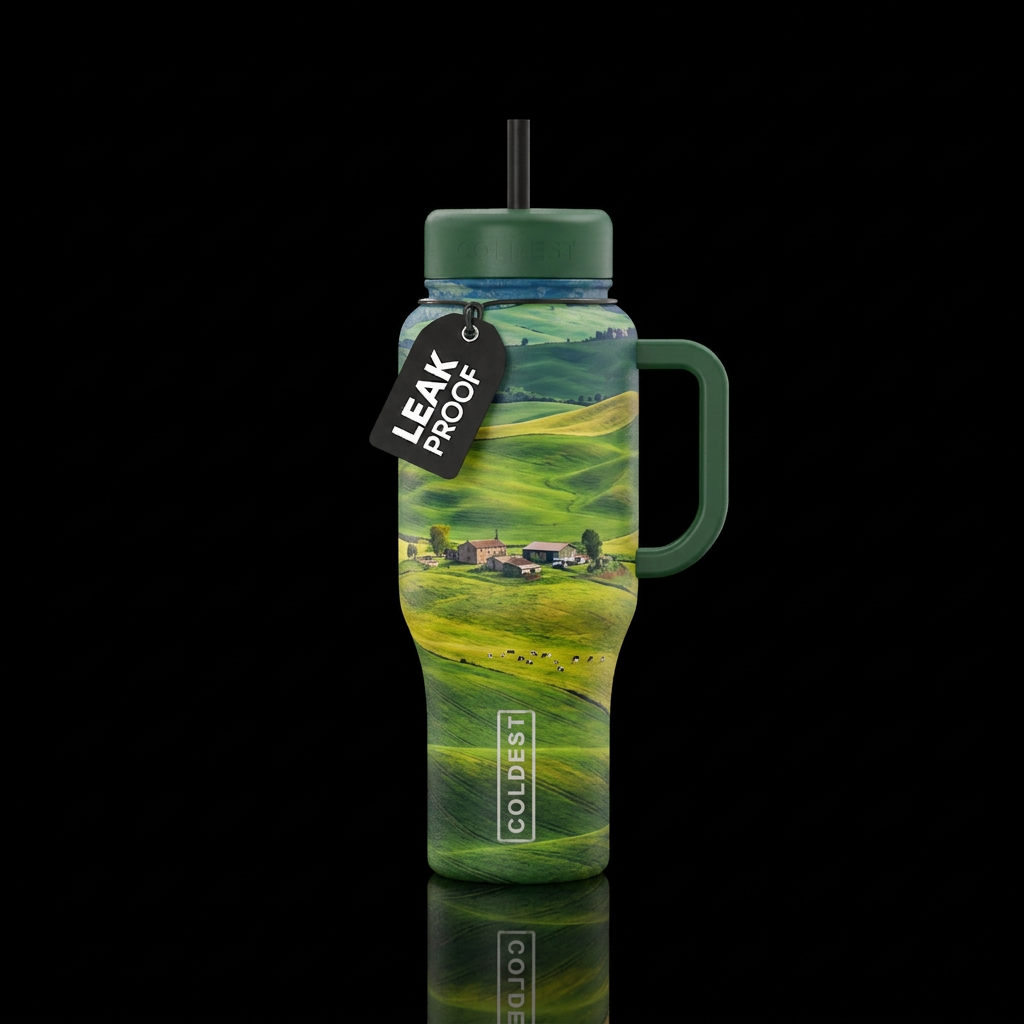 Rolling hills with cows far away water bottle design