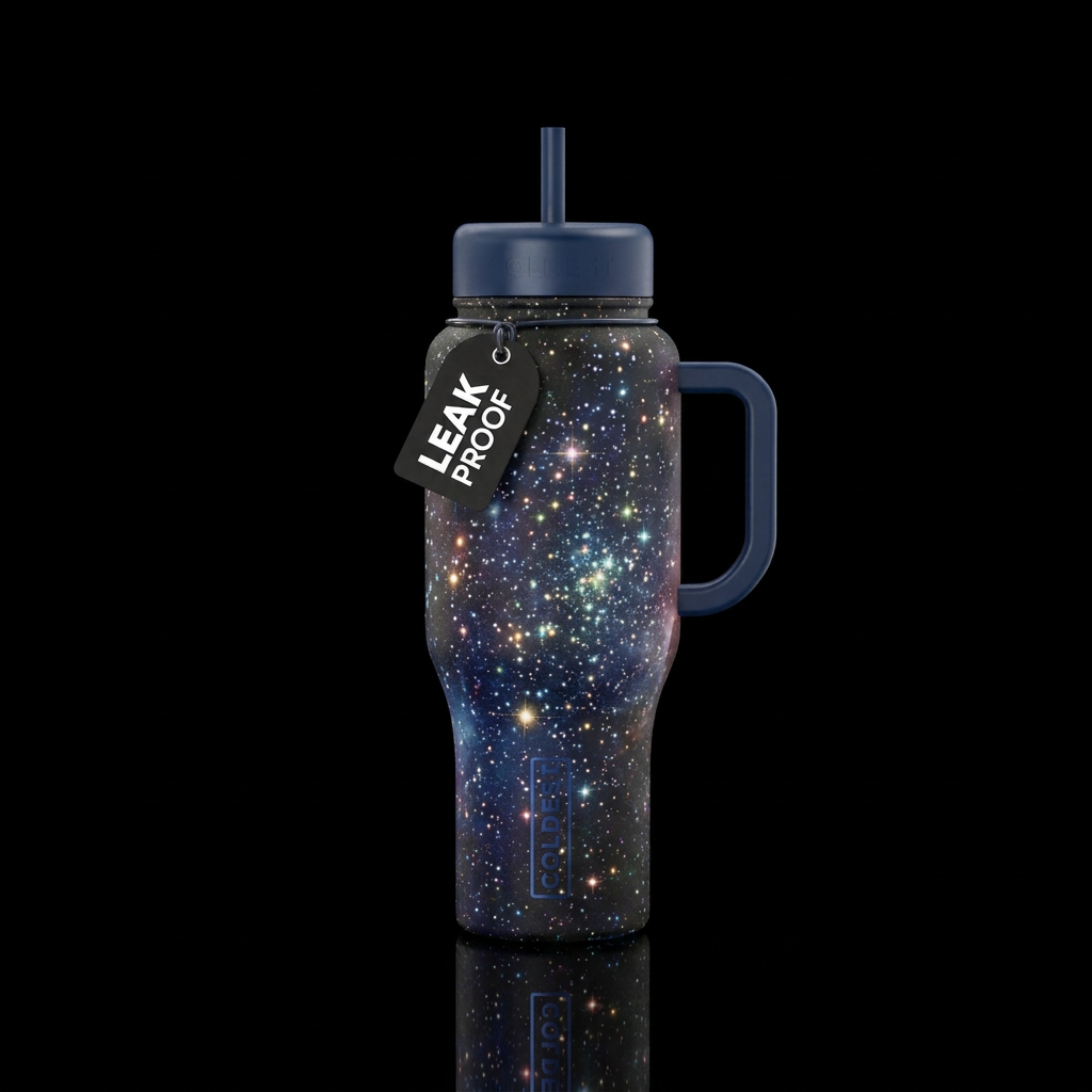 Space stars shimmering water bottle design