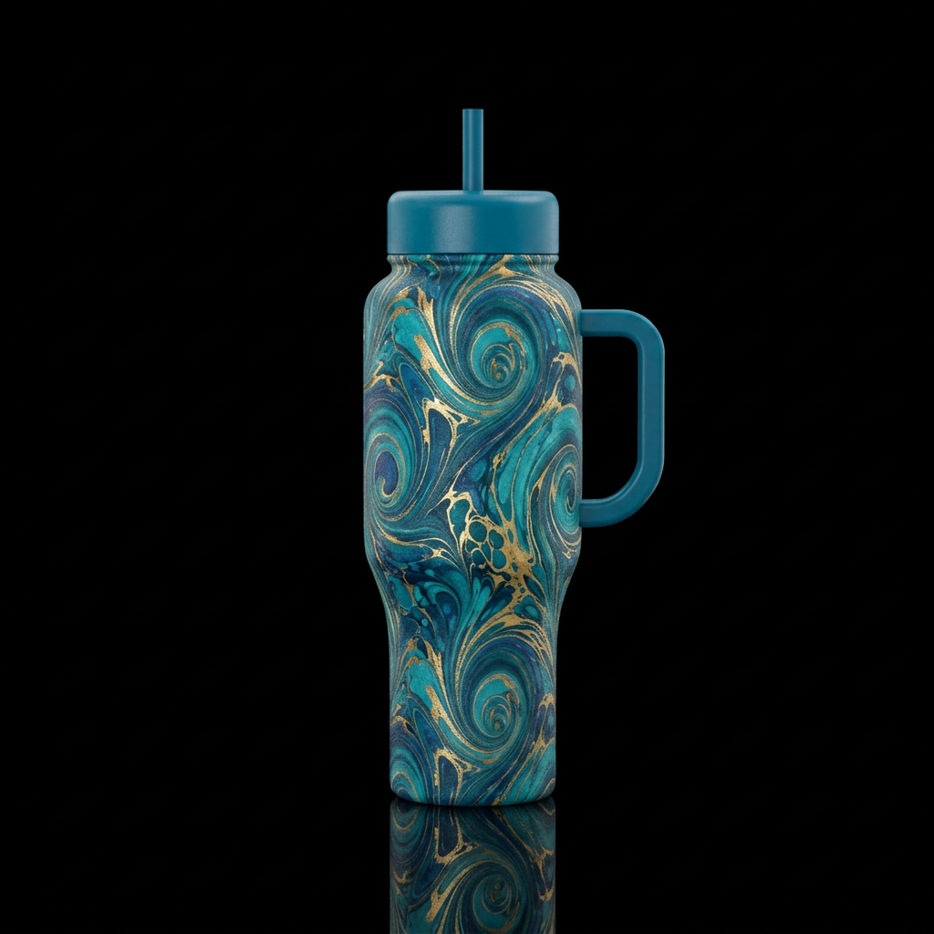 Book endpapers in peacock colors with gold highlig... water bottle design