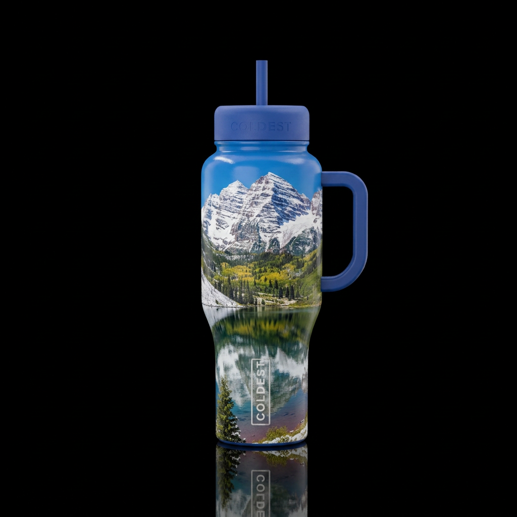 Snowy Colorado mountian tops with an alpine lake water bottle design