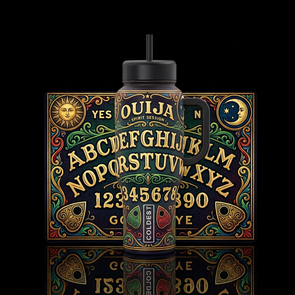 Ouija board spirit session water bottle design