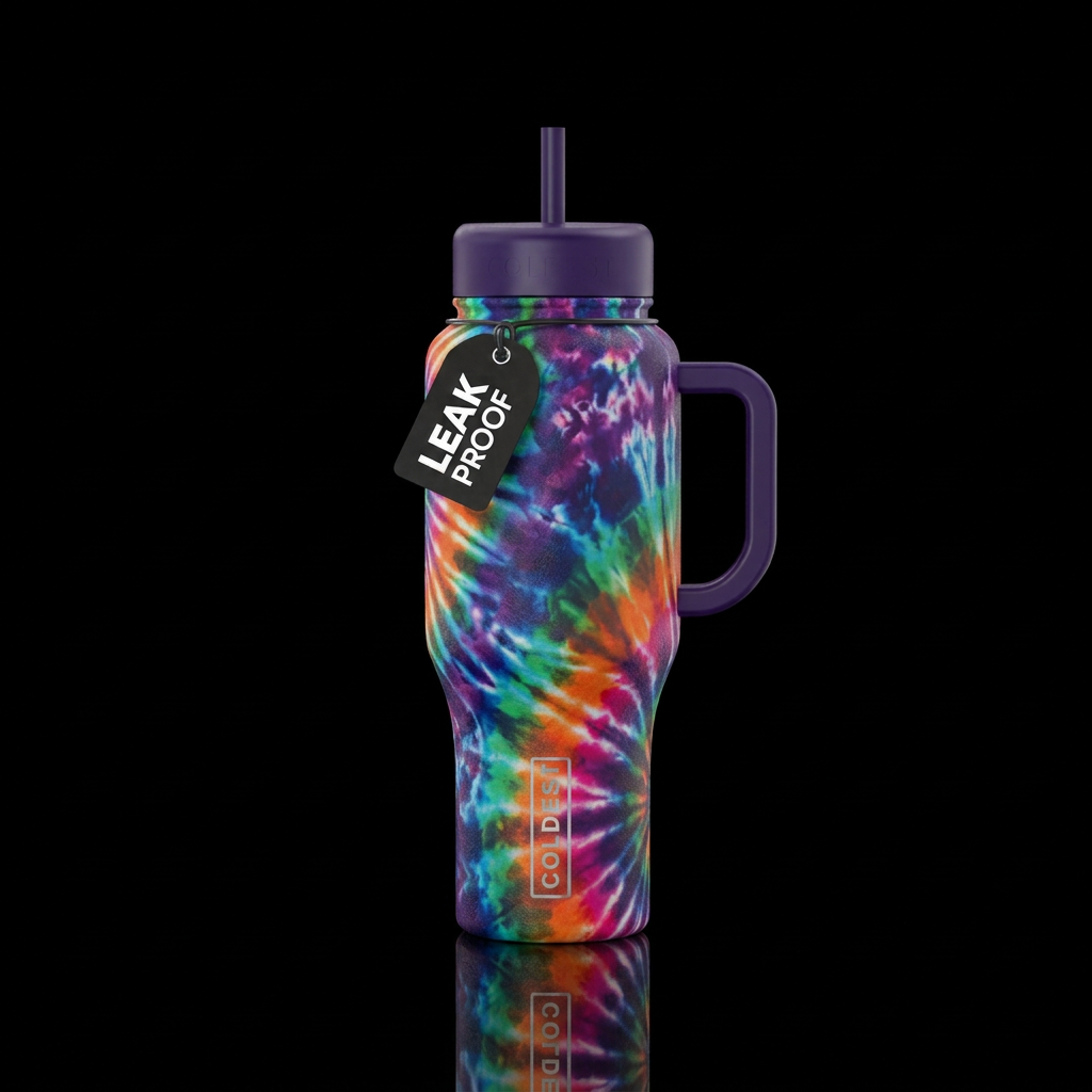 Psychedelic ty dye  trippy colors matching handle water bottle design