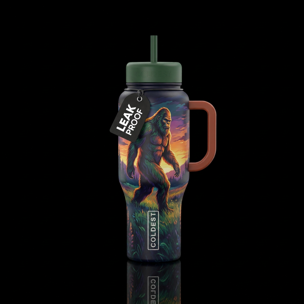 Bigfoot walking across a field water bottle design