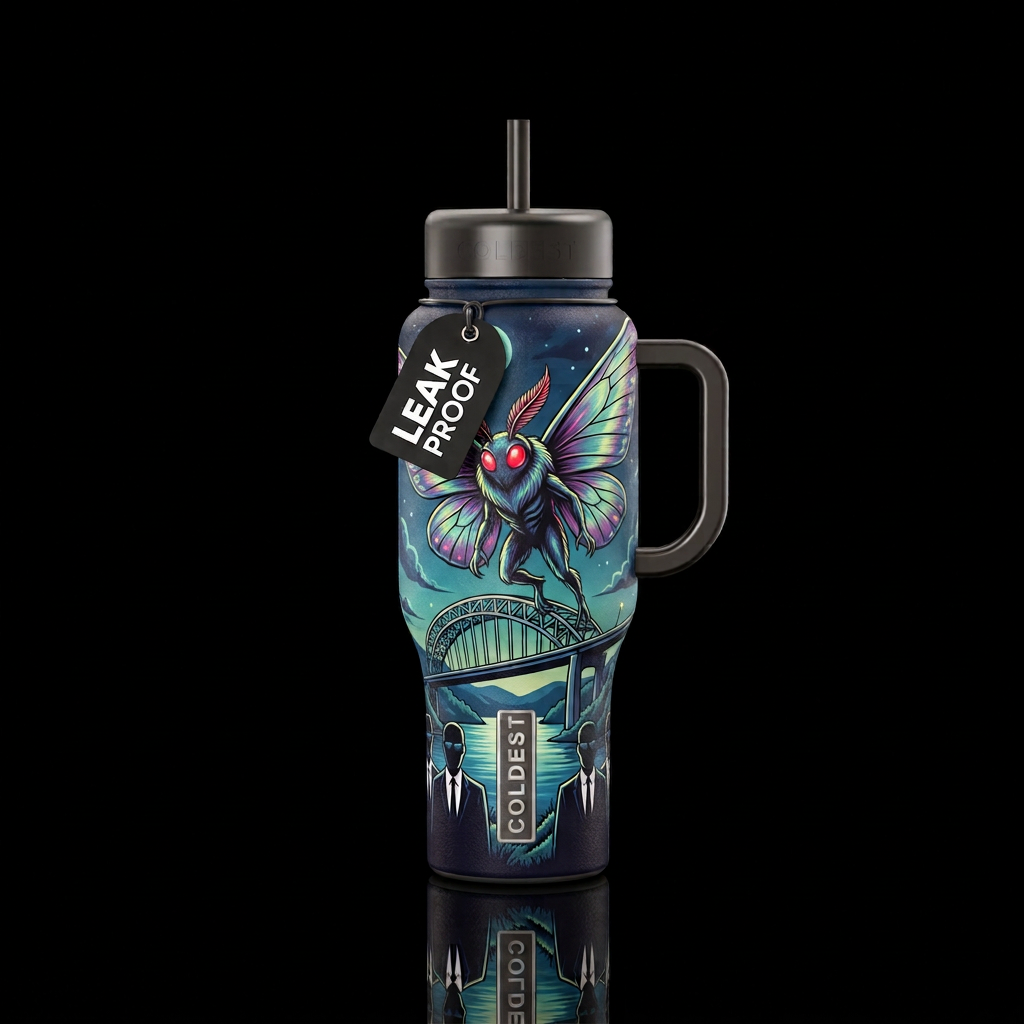Mothman men in black silver bridge wv water bottle design