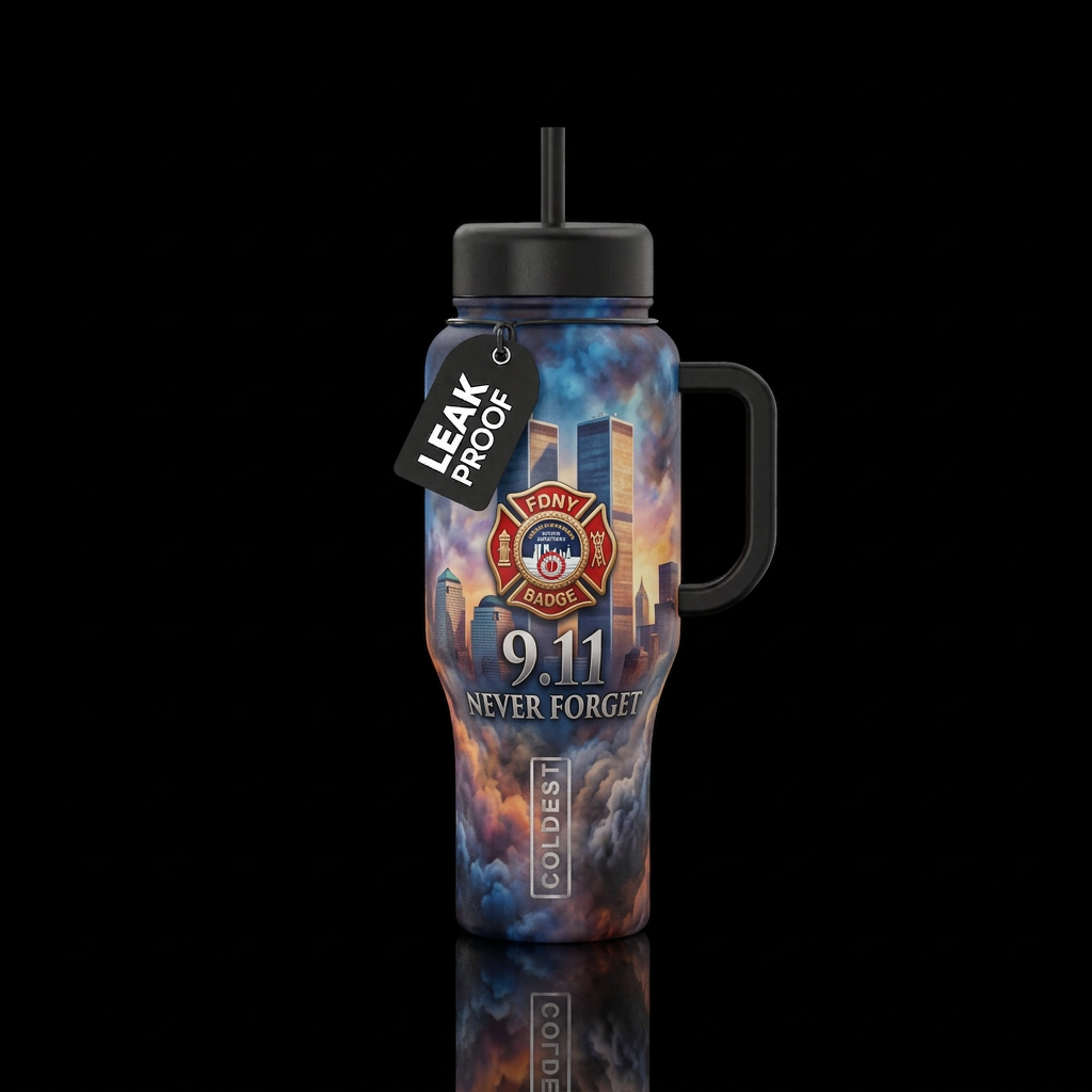 FDNY badge in front of the twin towers  9.11 never... water bottle design