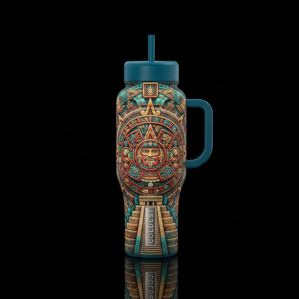 Mayan tempal calendar water bottle design