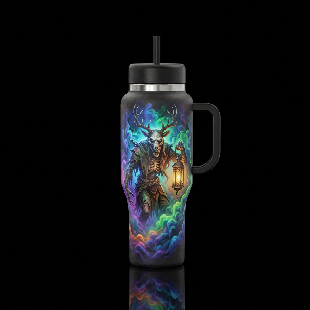 Windego carrying a lantern fog black water bottle design