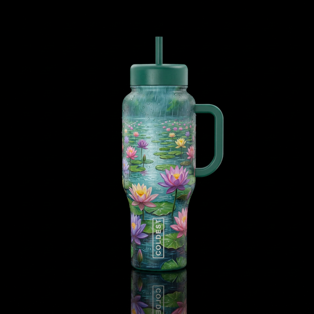 Lake of lotis flowers in the rain water bottle design