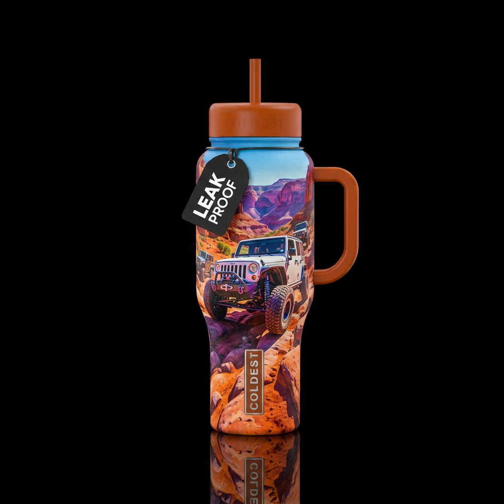White jeep jk jacked up crawling moab water bottle design