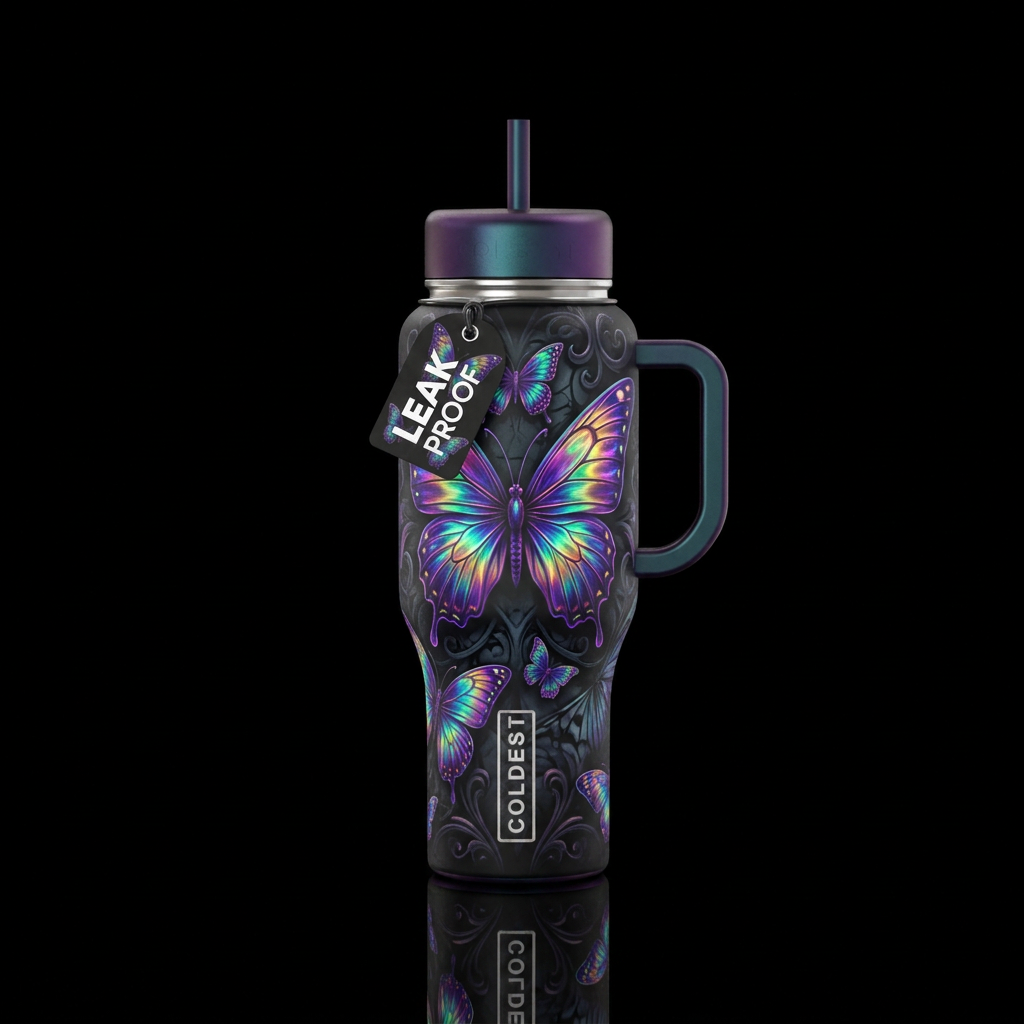 haunted, dark mood, realism, electric, butterfly, ... water bottle design