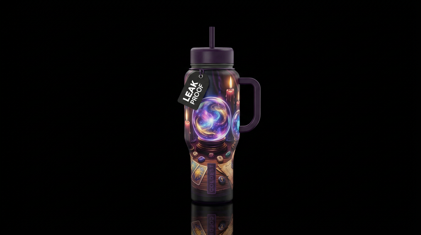 Crystal ball divination setting on a table dark ca... water bottle design