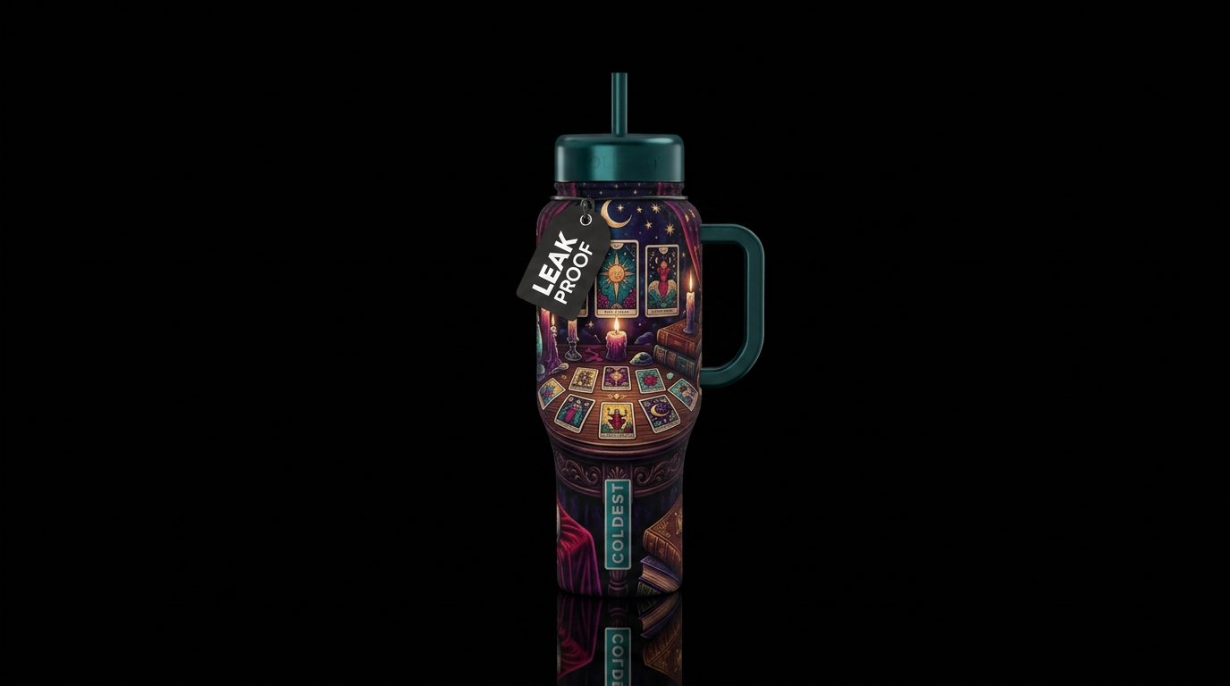 Dark tarot card session candle lit table water bottle design