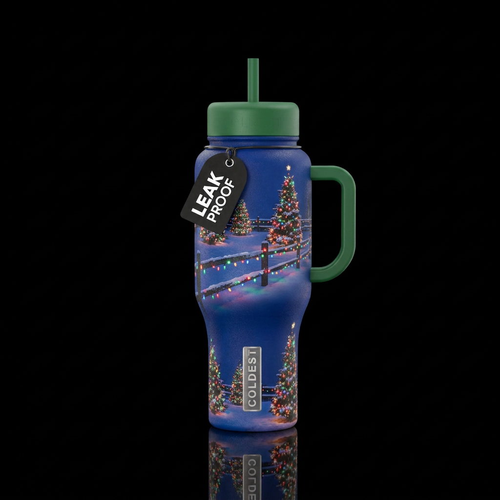 Christmas, glowie lights yard split rail fence and... water bottle design
