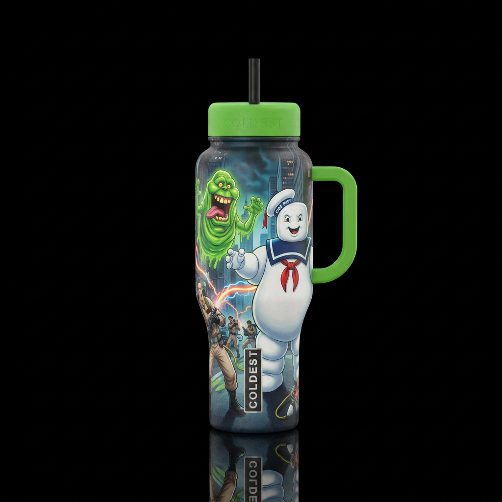 Ghostbusters slimer marshmallow man water bottle design