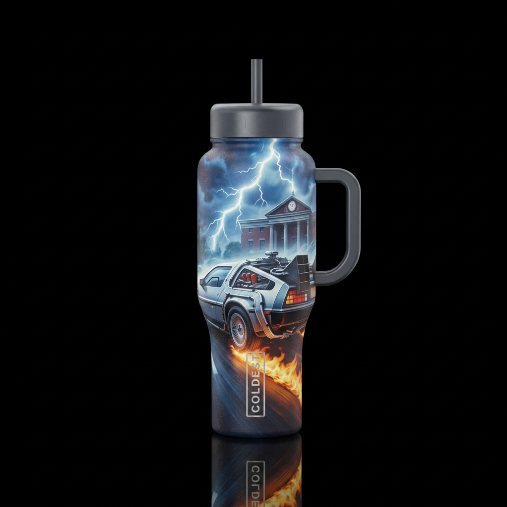Back to the future delorian speeding back in time ... water bottle design
