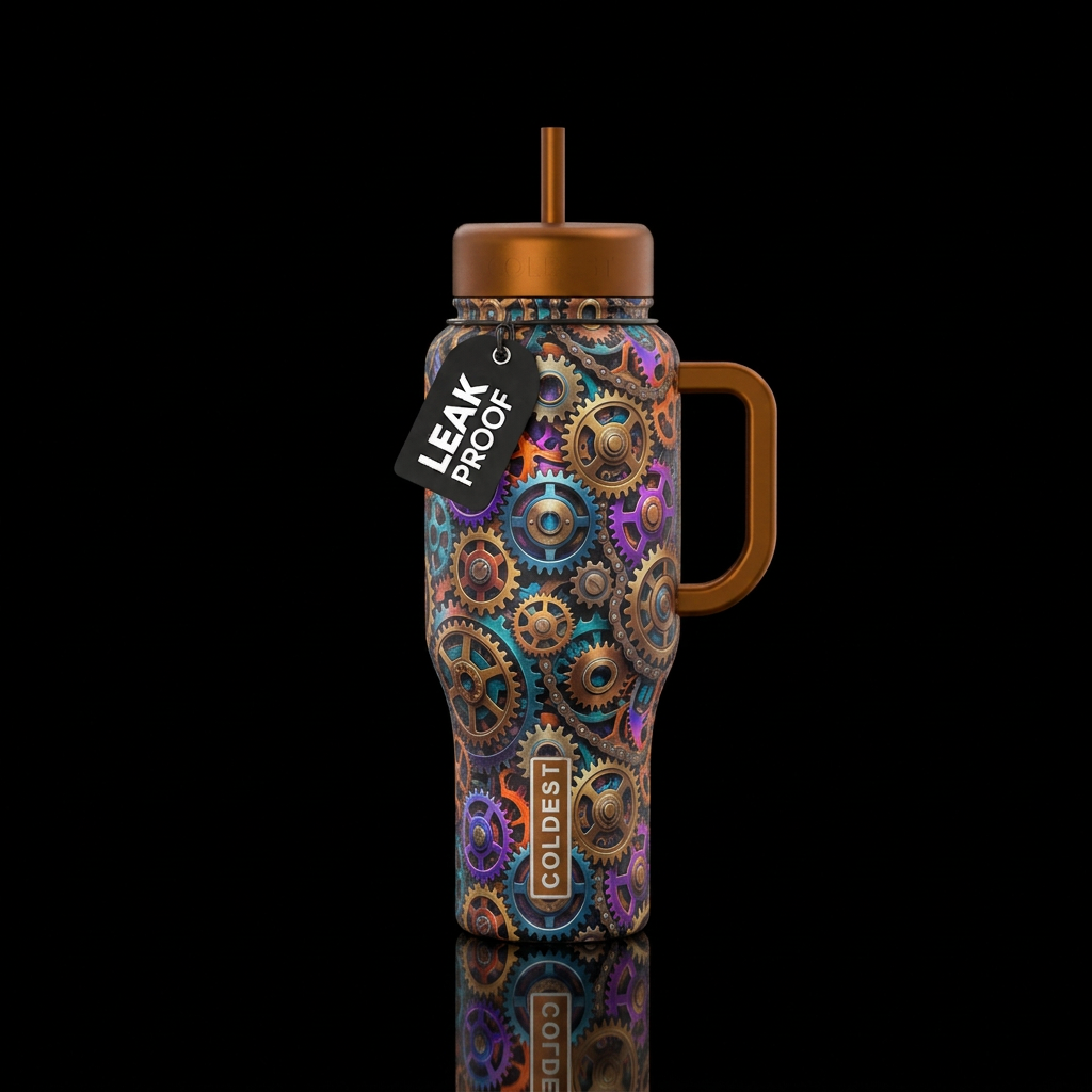 Metal cog gears camo water bottle design