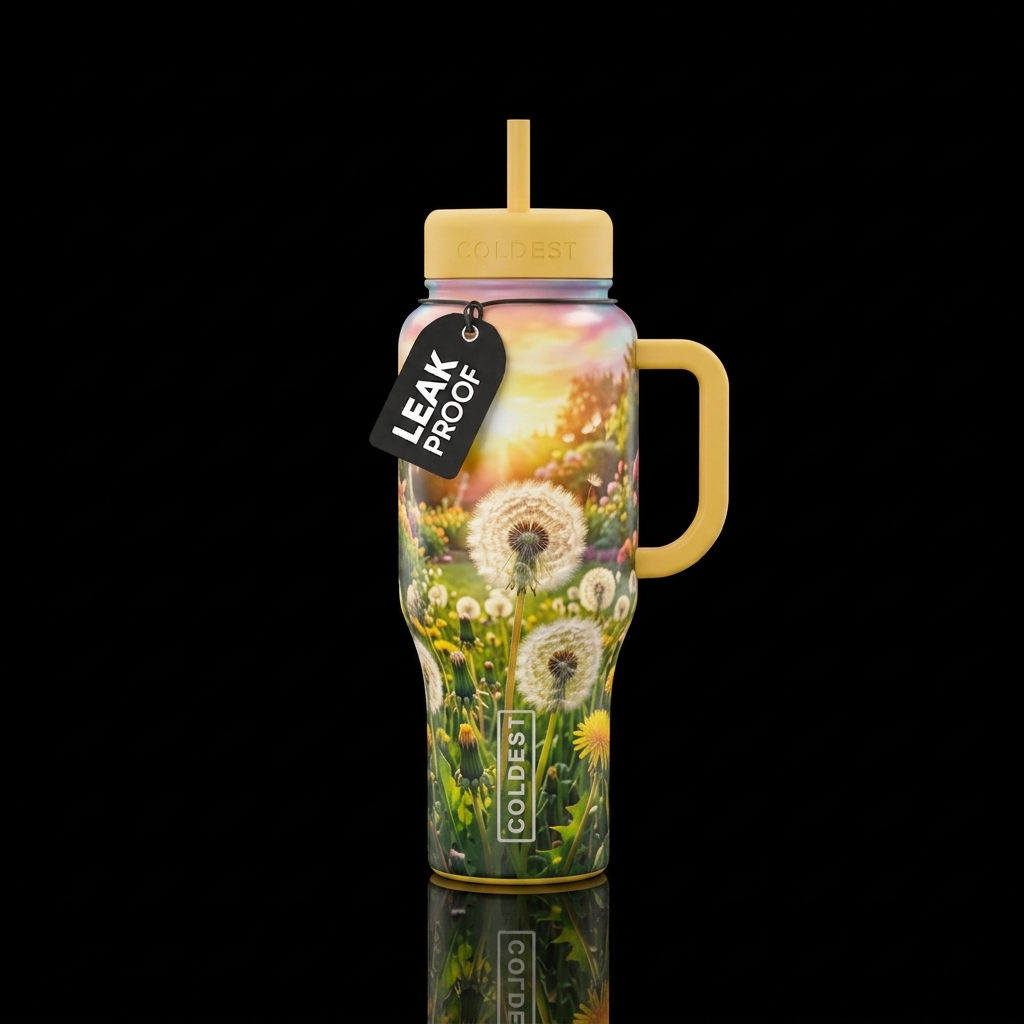Mature Dandelion field, garden,realistic,sunny col... water bottle design